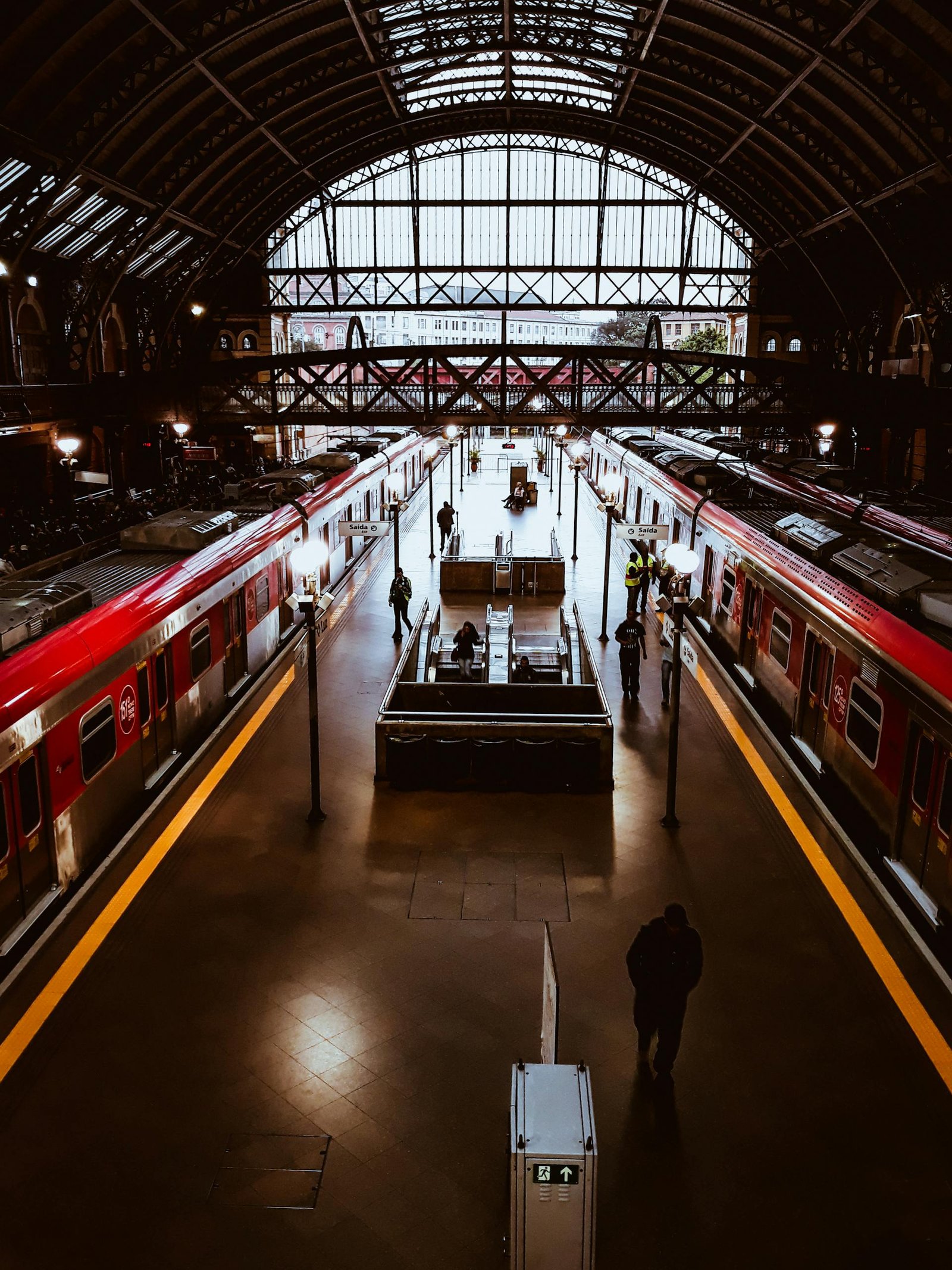 A bustling railway station with modern trains and commuters moving through the terminal.